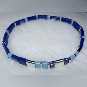 Tila beads bracelet,elastic,ocean blue,sky blue,silver beads.7”-7.5”